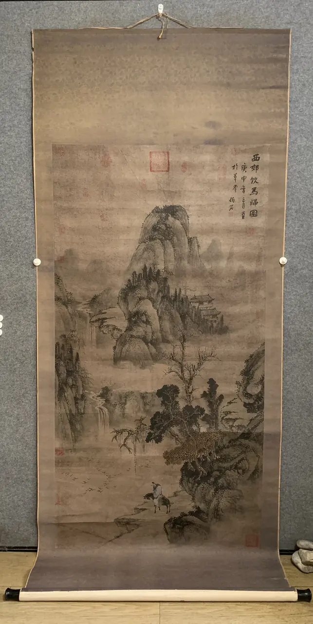 书画类：同一山水人物图挂轴全景